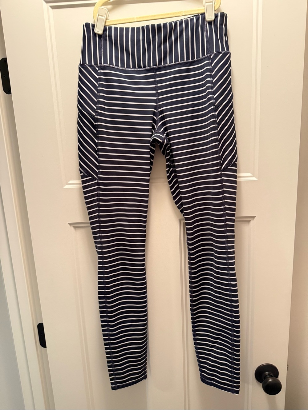 Athleta Navy and White Striped High-Rise Leggings